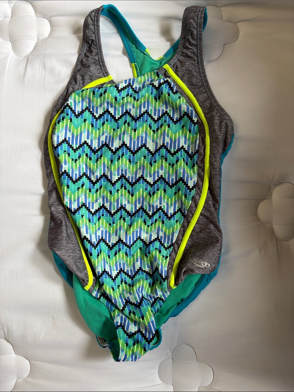 Speedo Multicolor Chevron Racerback Swimsuit in Teal, Lime & Gray